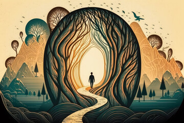 The silhouette of a person following a path through a symbolic landscape, exploring one's inner self through mindfulness, AI generated illustration - obrazy, fototapety, plakaty