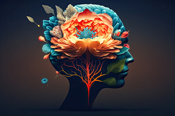 Illustration of the head of a person with flowers representing growth and transformation, AI generated