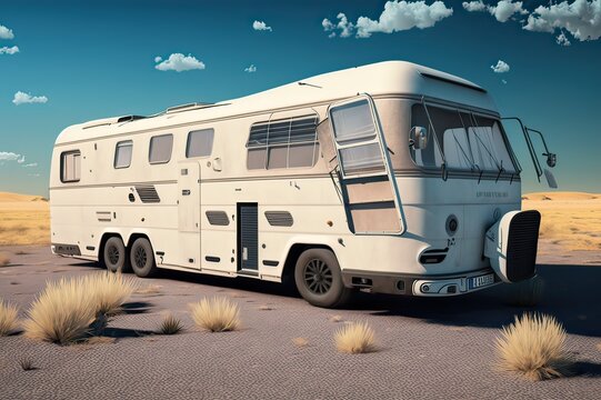 White Camper Bus Parked on Parking Lot Near Field: Ready for Camping Adventure!. Photo AI