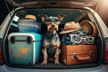 Ready for Adventure! Cute Little Terrier Dog Wearing Sunglasses in a Full Car Trunk. Photo AI