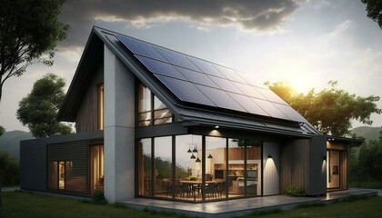Fototapeta na wymiar solar panels on the roof of the house and field. Generative AI