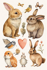 Set of animals  illustrations in Water color, rabbits, hearts and flowers, love card for valentine ,Generative AI