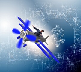 Businessman flying on vintage old airplane