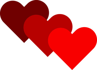 Set of three heart icons light and dark red color. Valentine's Day love symbol. Isolated on white background. For greeting card, wallpapers, stickers, invitations. Vector illustration.