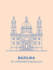 St Stephen's Basilica in Hungary capital icon. Vector art illustration design. Roman Catholic basilica in Budapest famous architectural landmark. Historical Stephen, king of Hungary largest church