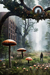 Post apocalyptic scenery - city overgrown by big mushrooms