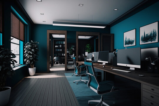 interior of a office, with pc and desk, 3d render, generative ai