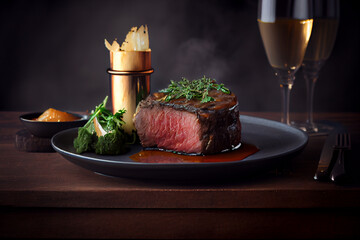 Appetitanregendes Medium gebratenes Steak angerichtet auf einem Teller - Generative Ai 