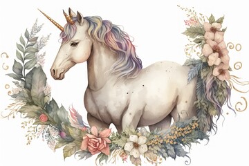 Obraz na płótnie Canvas Unicorn wearing a floral wreath Watercolor, illustration, template, and clipart of a white horse. Generative AI