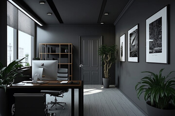 Fototapeta na wymiar interior of a office, with pc and desk, 3d render, generative ai