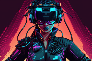 A female gamer wearing a futuristic suit and a VR headset delves deep into the virtual world. Scene of Dark Action. Black sci fi woman costume has several wires attached to it. digital technologies. I