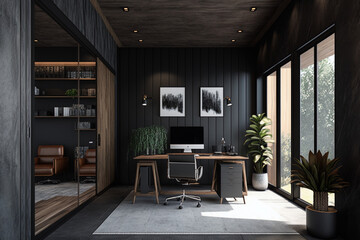 interior of a office, with pc and desk, 3d render, generative ai