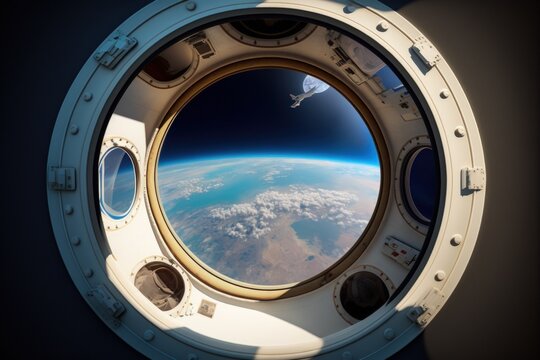 a circular window offering a view of Earth below on a space station. Generative AI