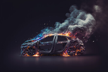 Fire of new modern hatchback car burning in flames on dark background due to electric failure, left side view, copy space, generative AI