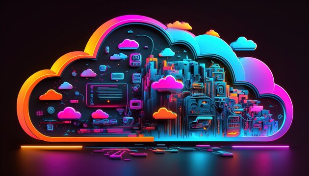 Digital futuristic imaginative illustration of technology cloud computing created with generative ai technology