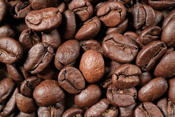 Background of roasted coffee beans. Close-up. top view