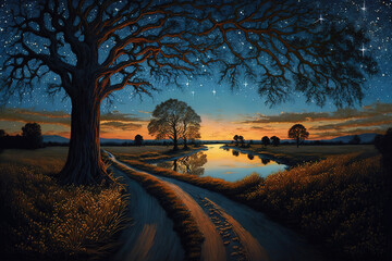 Fototapeta na wymiar Painting of evening nature landscape and stars, art illustration 