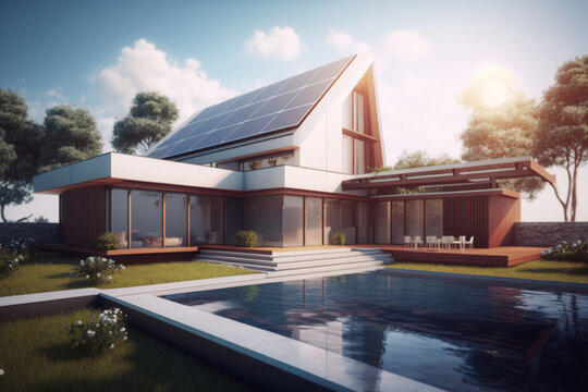 Solar panels on the roof of the modern house. Exterior design of luxury modern house with a swimming pool. AI generated