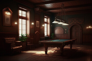 internal design with pool table and amazing light, 3d render, generative ai