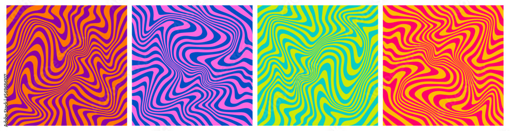 Fototapete trendy abstract patterns with waves. set of wavy seamless trippy patterns in psychedelic colors. abs