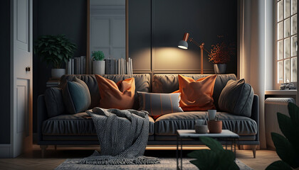 sofa with orange pillow and grey blanket living room created with Generative AI