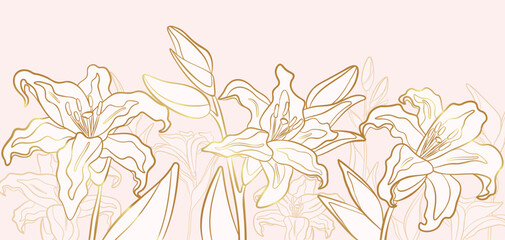 Golden lilies outline style vector art. Elegant lily flowers botanical banner drawn in pastel colors.