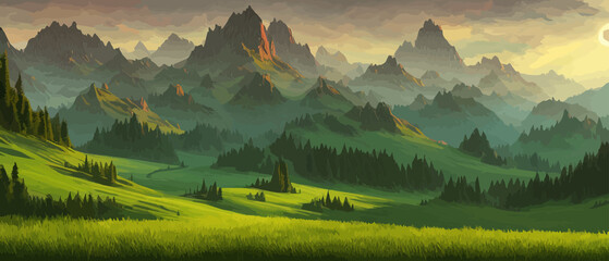 Panoramic view of big mountains, beautiful green meadows. Flat cartoon landscape with nature. Summer or spring landscape. Travel posters. Natural park or forest outdoor background with mountains. - obrazy, fototapety, plakaty