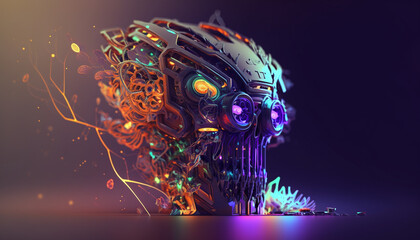 Futuristic Artificial Intelligence, AI, Super Brain Conducting Super Computing, Photo Realistic, with Neon Glow, Super Computer, Computer Learning and Computer Intelligence with a Metallic AI Brain