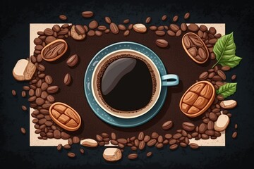 On a stone background, a coffee cup, beans, and ground powder. top view with room for your text to copy. Generative AI