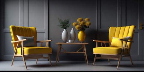 modern living interior with yellow armchair, 3d render, generative ai