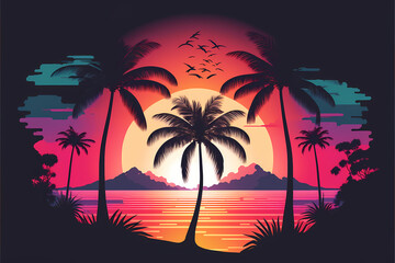 Minimalist Flat Beach Ocean Landscape, colorful sunrise, 2d illustration