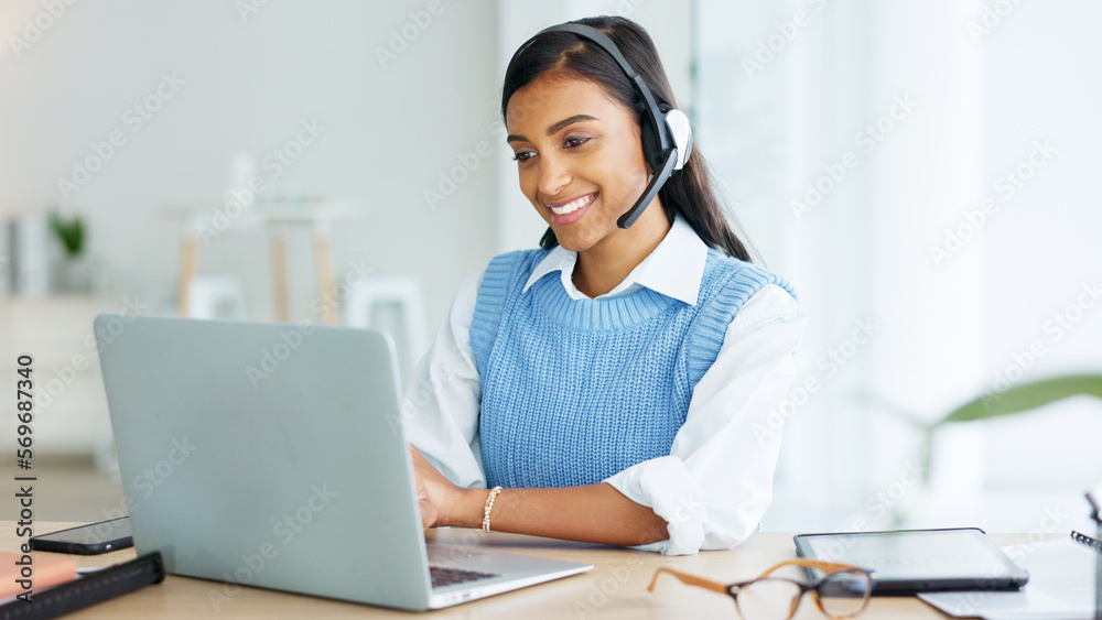 Poster call center agent talking to clients while wearing a headset and answering their questions while typ