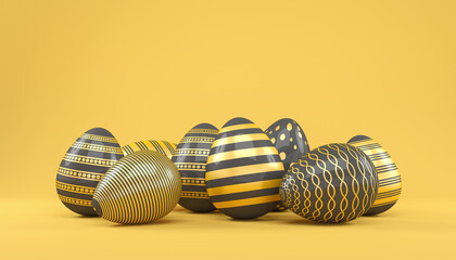 3d render of 8 black and gold easter eggs on yellow background. - Vacation background
