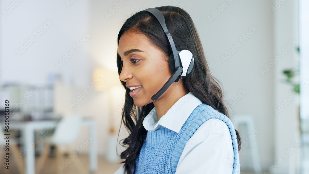 Poster Friendly call center agent using a headset while consulting for customer service and sales support. Confident and happy young business woman smiling while operating a helpdesk and talking to clients
