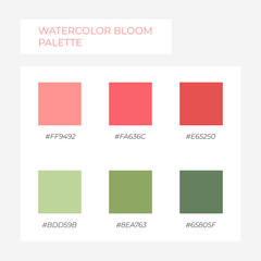 Watercolor bloom palette. Trendy colors palette. Cozy color pallete. Swatch summer candy shade tone with hex code pastel colors. Super trendy color spring and summer pink green	
