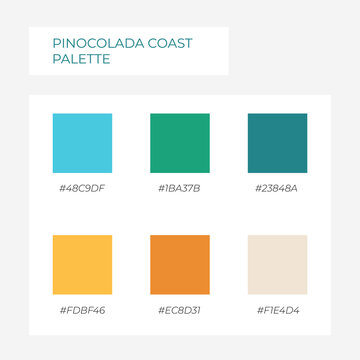 Pinocolada coast palette. Trendy colors palette. Cozy color pallete. Swatch summer candy shade tone with hex code pastel colors. Super trendy color spring and summer blue yellow	