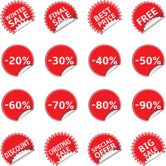 Red sale stickers, sale banners, labels, tags isolated on white background.