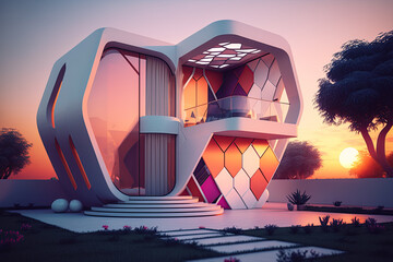 Obraz na płótnie Canvas Playful surreal architecture. Super modern extravagant house. generative ai. Surreal modern villa. Futuristic luxury geometric architecture