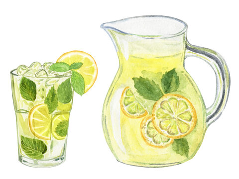 watercolor hand drawn lemonade glass and jar set isolated on white