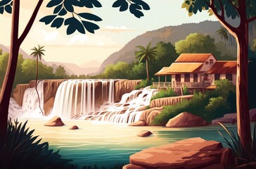 Waterfalls at Tat Sae. beautiful scenery Lonng Prabang Laos. Panorama. Generative AI