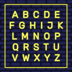 Glowing neon script alphabet. Neon font with uppercase letters. Neon English alphabet. Vector illustration isolated on brick wall. EPS 10