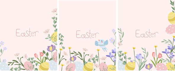 Happy Easter greeting card. Bright compositions with spring flowers, Easter eggs, leaves. Spring flowering. Vector graphics.