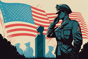 illustration of a soldier saluting on memorial day, in the background american flag made with Generative AI 
