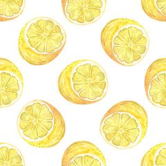 Watercolor cut lemons seamless pattern on white