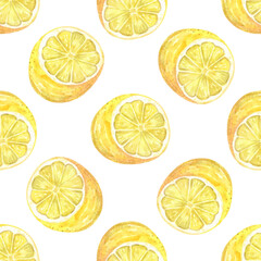 Fototapeta premium Watercolor cut lemons seamless pattern on white