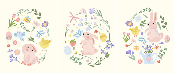 Easter egg from bright flowers, eggs, cute rabbit, chickens. Spring flowers. Concept of holiday, joy, happiness. Ideal for banners, cards, posters, stickers. Vector illustration