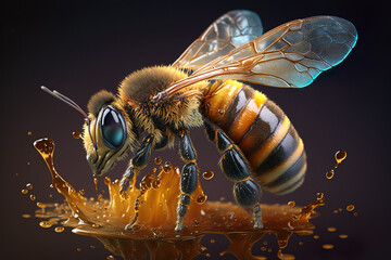 Close up view of bees on honey splash. Generative AI