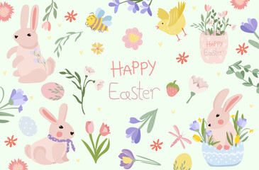 Greeting card with Easter, cute rabbits, a bird, spring flowers in a vase, a chicken, etc. Bright spring flowering. Ideal for banners, cards, posters, stickers. Vector illustration