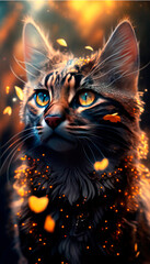 Generative AI, fantasy cat drawn with magical lighting and paint strokes, cosmic incredible eyes, magical forest around, close-up portrait of a magical cat
