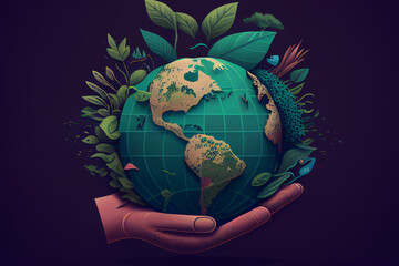hand holding an overgrown globe, earth day made with Generative AI 